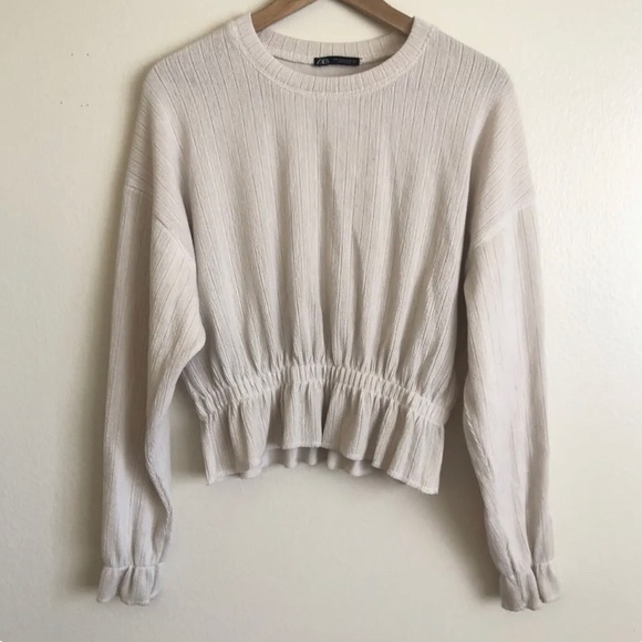 Zara Tops - Zara Knit Sweater Ribbed Cinch Waist Long Sleeve Cream Size M Neutral Tone